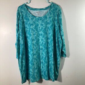 Womens Woman Within 1/2 Sleeve Paisley Tee Shirt 1X 22/24‎ Teal